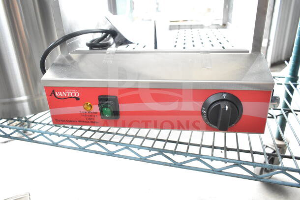 Brand new Avantco 177HDS175 commercial countertop hot dog steamer, holds 175 dogs and 40 buns, 120V, 1 phase, visible controls.