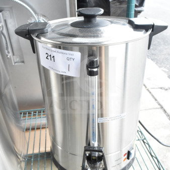 BRAND NEW Avantco 177CU65ETL 65 Cup Stainless Steel Coffee Urn, 110-120 Volts, lateral sight glass, minor scratches visible.