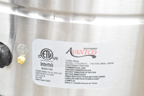 Brand new Avantco 65 Cup Coffee Urn with label detailing model 177CU65ETL, 110-120V, 1500W. Stainless steel, double wall.