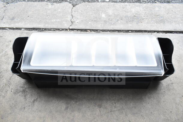 Brand new TableCraft BCD1400 condiment bar, 5 compartments, glass rimming trays. Slight scratches and dents visible.