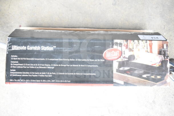 Brand new TableCraft BCD1400 condiment bar with 5 glass rimming trays, includes removable compartments. Box shows minor scratches.