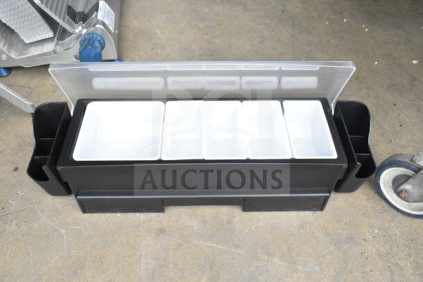 Brand new 808BCD1400 TableCraft 5-compartment condiment bar with 5 glass rimming trays, minor scratch and dent.