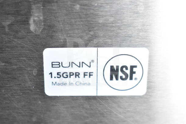 Bunn 20950.0004 1.5GPR-FF Coffee Server, stainless steel, NSF certified, new condition despite scratches, made in China label.