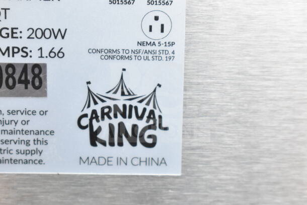 "Carnival King label on 2025 382CDPW2 3 Qt. Double Cone Dip Warmer, 120V, showing compliance standards and 'Made in China'."
