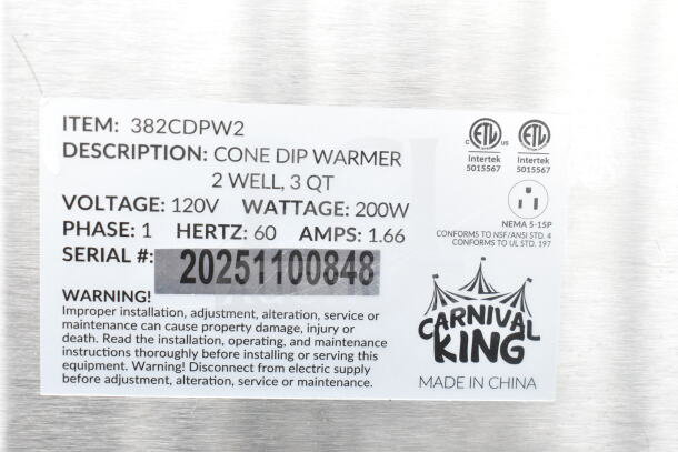 Carnival King 382CDPW2 3 Qt. Double Cone Dip Warmer, 120V, 1 Phase. Brand new with minor scratches and dents. Serial #20251100848.