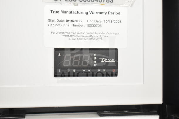 2022 True TSCI-600R-G-PH Single Door Cooler with digital display, warranty label, 115V, serial 10530796.