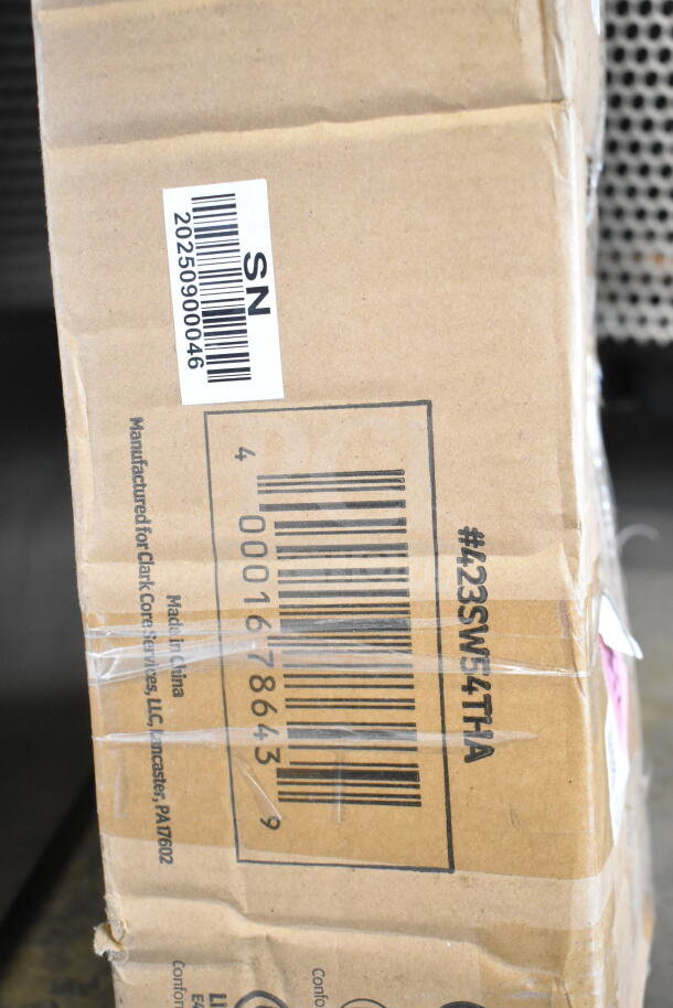 Cardboard box with barcode, serial number, and model #423SW54THA for ServIt 54" Strip Warmer, 120V, scratch and dent condition.