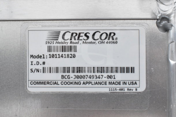 Alt text: CresCor 101141820 aluminum meal delivery cart label showing model and made in USA.