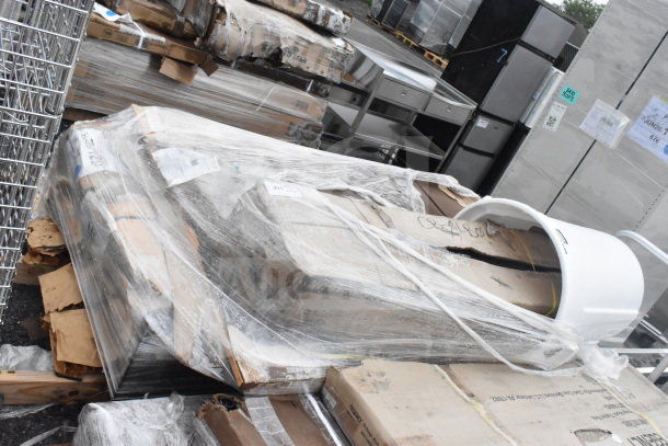 Pallet of 6 scratch and dent items including a pop-up canopy tent and chalkboard, wrapped in plastic, as-is condition.