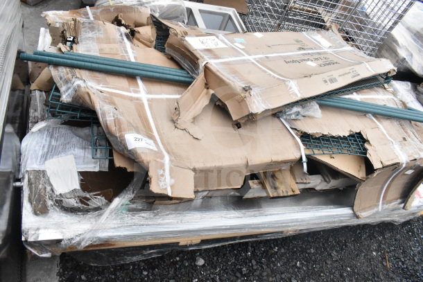 Five new scratch and dent items, including a 460EC1848 chrome shelf (18x48 inches), packaged on a pallet with damaged cardboard.