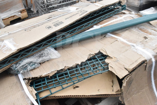 5 new scratch and dent items, including a 460EC1848 chrome shelf, 18x48 inches, packed in damaged cardboard.