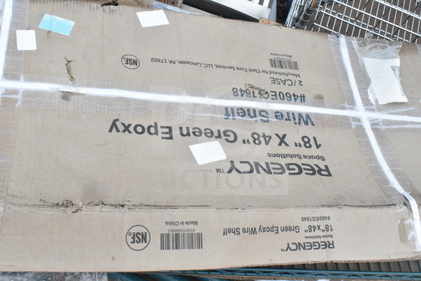5 brand new items in original packaging, including Re-Gency 460EC1848 18x48 chrome wire shelf. Box shows minor wear.