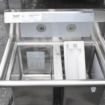 "Regency 600S21014 27-inch two-compartment commercial sink, new, scratch and dent, no legs, NSF certified."