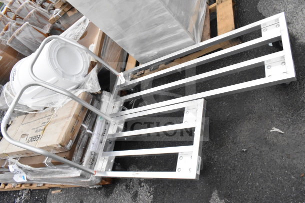 Brand new Regency mobile aluminum dunnage racks, 20"x36" and 20"x60", 1600 lb capacity each, lightly scratched.