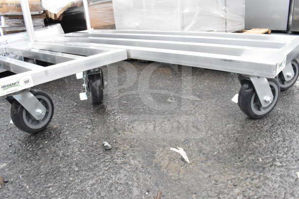 Regency 20"x36" Mobile Aluminum Dunnage Rack, 1600 lb capacity, new, labels visible, NSF certified wheels.
