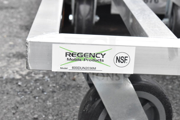 Regency 20"x36" mobile aluminum dunnage rack, 1600 lb. capacity, model 600DUN2036M, new condition, NSF certified.