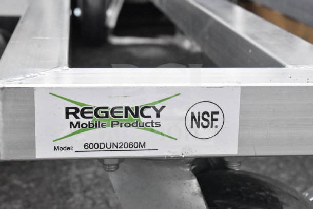 Regency Mobile Aluminum Dunnage Rack, model 600DUN2060M, NSF certified, 1600 lb capacity, on wheels, scratch and dent condition.