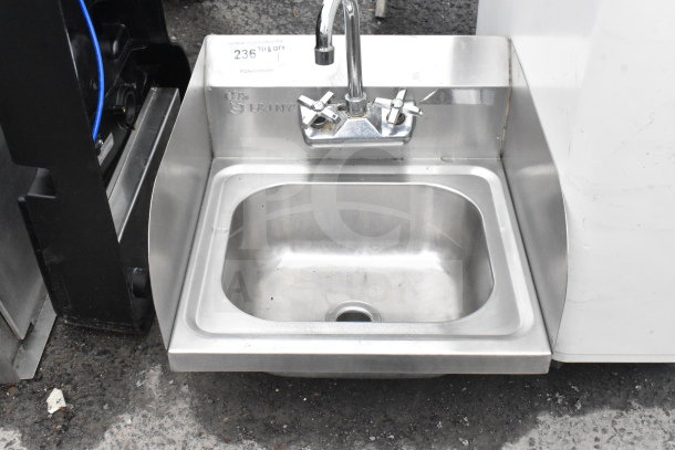 Commercial single bay wall mount sink with faucet, handles, and side splash guard, stainless steel, branded L&J NY.