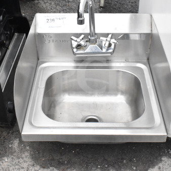 Commercial single bay wall mount sink with faucet, handles, and side splash guard, stainless steel, branded L&J NY.