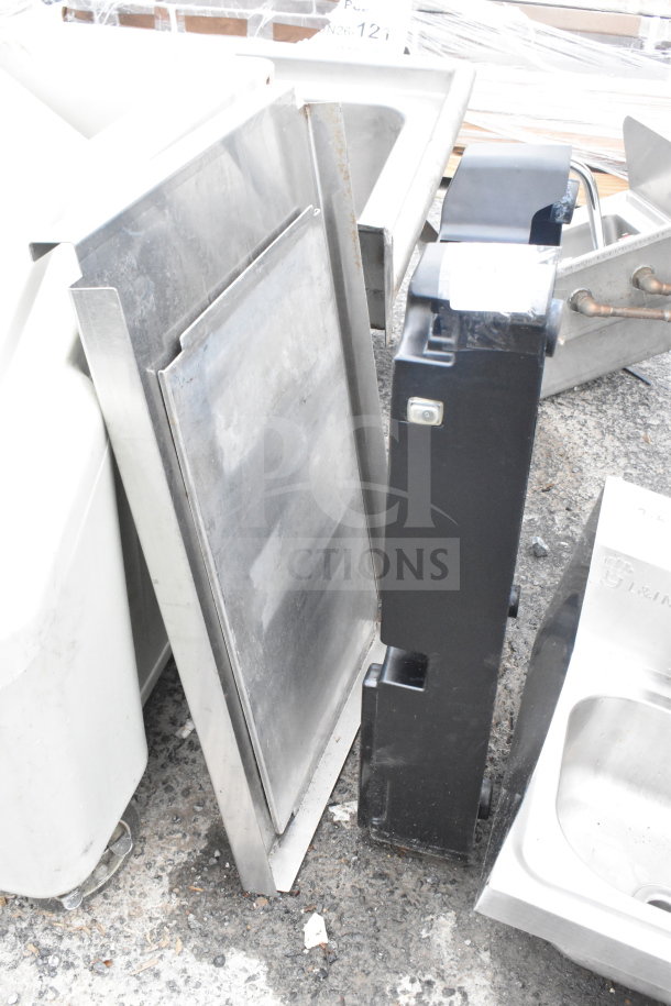 Metal tabletop and black unit, showing wear. Includes gray stainless components. Auction lot for two items, as labeled.