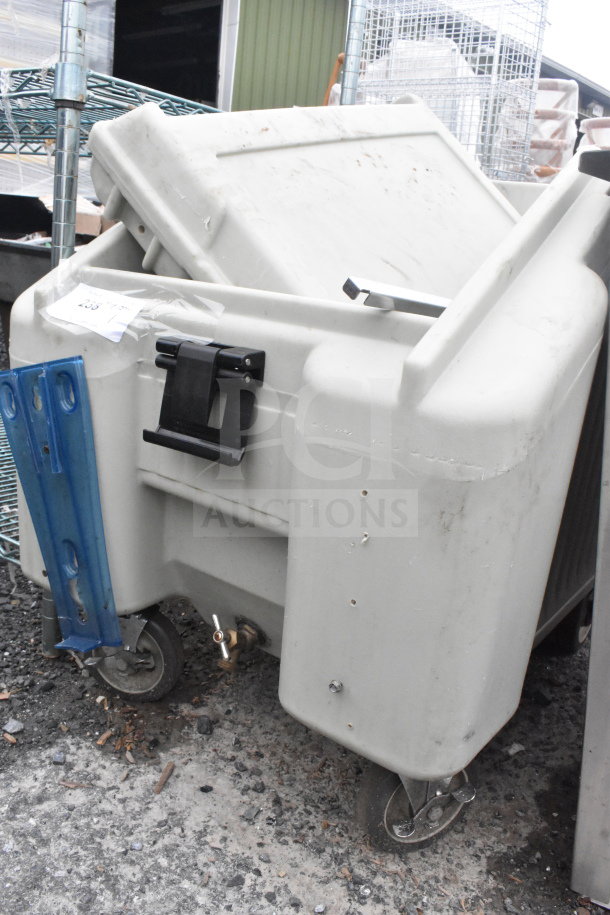 Poly Portable Ice Bin on Commercial Casters, features durable construction, lid, drain spout, and wheels for easy mobility.