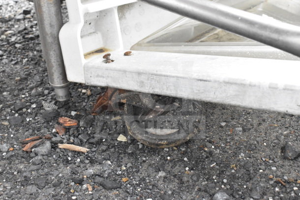 Rubbermaid pan transport rack on commercial casters, showing metal and poly construction. Visible wear on caster.