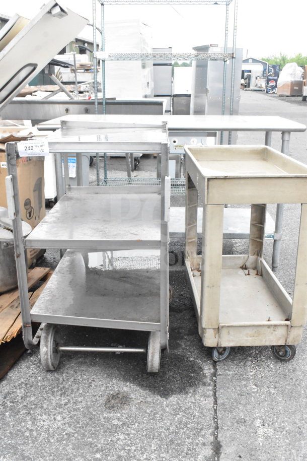 Two commercial carts on casters, one 3-tier metal and one 2-tier poly, both used, visible tag indicates item number 243.