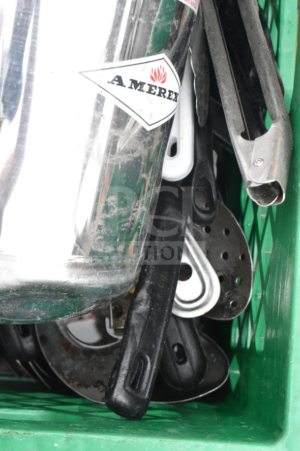 Pallet lot with stock pots, cylindrical drop-in bins, saucepans, utensils, and Amerex fire extinguisher. Various conditions.