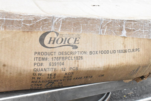 Commercial table with contents, including portable coolers and rice cooker. Box label shows "Choice" brand, item 176FBPCL1826.