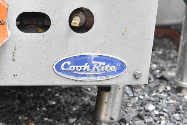 Cook Rite Commercial Countertop Gas Powered 4 Burner Range, blue logo tag, visible wear, ideal for professional kitchens.