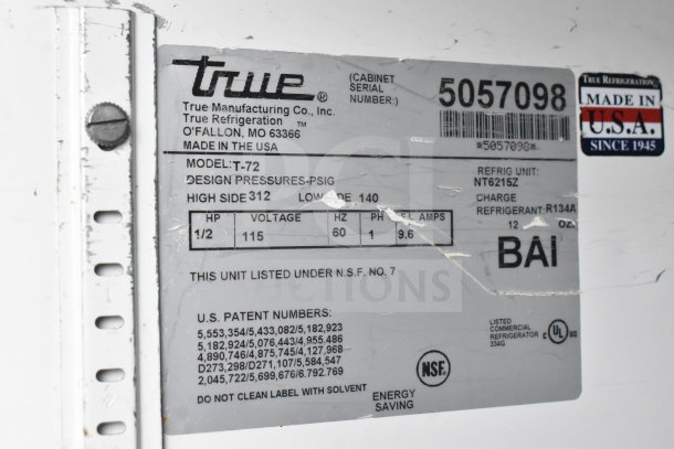 True T-72 Commercial 3 Door Reach In Cooler, 115 volts, 1 phase, Model T-72. Refrigerant: R134A. Made in USA.
