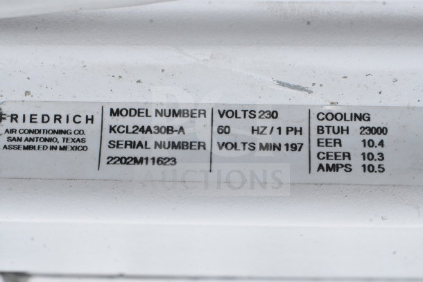 2 Friedrich KCL24A30B-A air conditioners, 23,000 BTU, label showing model, voltage, and energy efficiency details.
