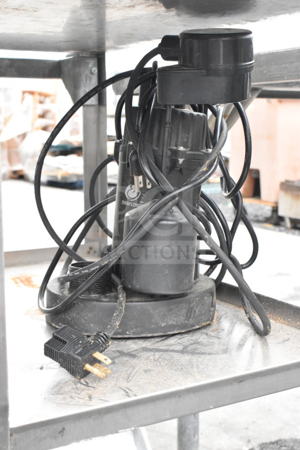 3-tier chrome finish cart with various contents, including an Everflow submersible utility pump with visible cords. Cart shows signs of use.