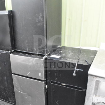 Three mini coolers by Galanz, Black & Decker, Vissani. Used condition, visible surface wear. Powered by 115 volts, 1 phase.