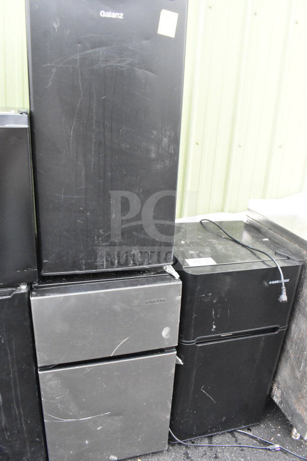 Three various mini coolers: Galanz, Black & Decker, Vissani. Black finish, 115 volts, 1 phase. Used condition.