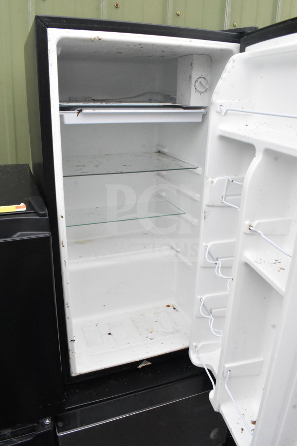 Three mini coolers including Galanz, Black & Decker, Vissani, 115 volts, 1 phase, used condition, visible interior shelving.