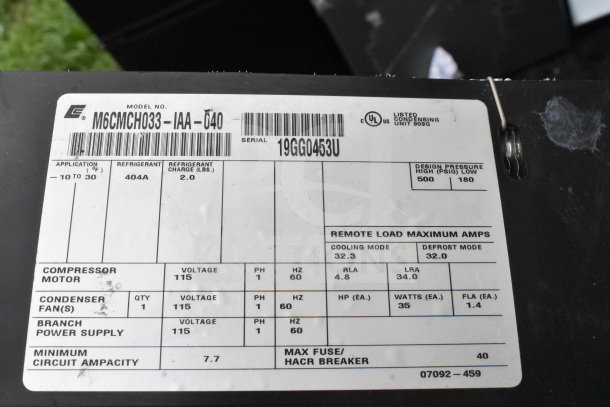 7 compressors including Copeland model M6CMCH033-IAA-040; refrigerant 404A, voltage 115, condition unknown.