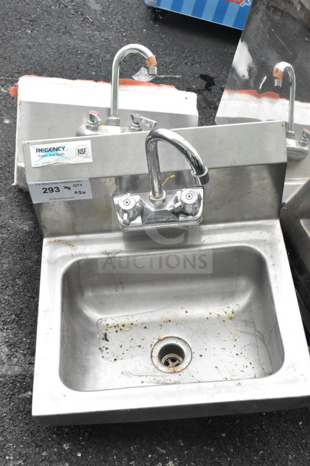 Regency 600HS17 single bay wall mount sink, stainless steel, used condition, labeled NSF, includes faucet.