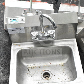 Regency 600HS17 single bay wall mount sink, stainless steel, used condition, labeled NSF, includes faucet.