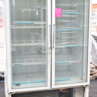 Carrier ULG50BCP-5 2 Door Reach In Freezer Merchandiser, 115/208-230V, 1 Phase. Glass doors, visible interior shelves.