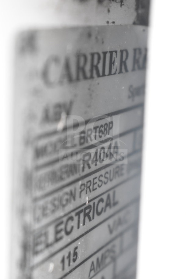 Carrier BRT68P commercial chest freezer label, includes refrigerant R404A, 115 volts, 1 phase electrical specifications.