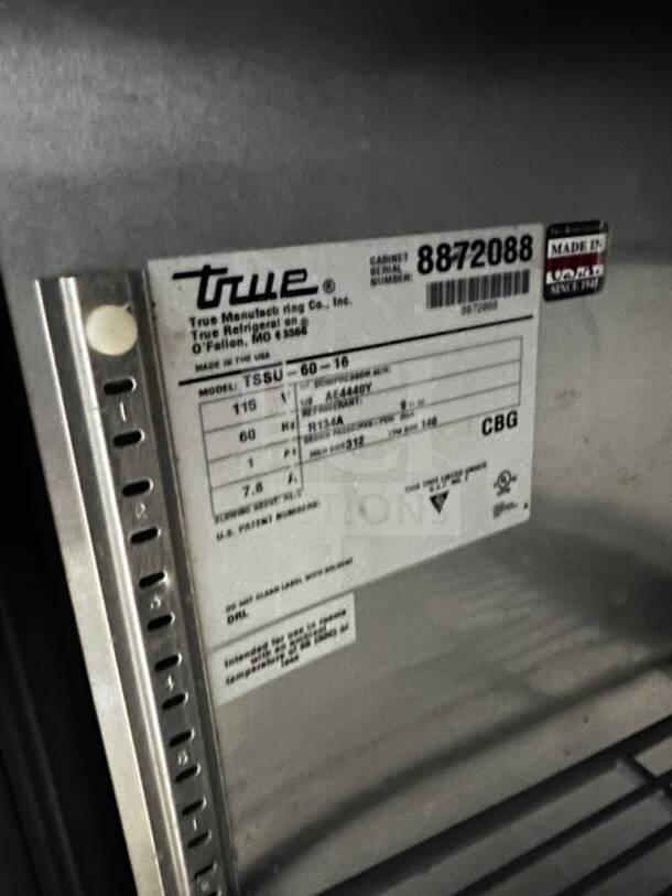 True TSSU-60-16 refrigerated prep table label, 16 pan capacity, 115V, NSF & UL listed, fully tested, serial 8872088.