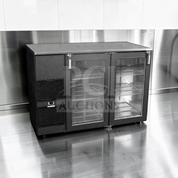 Glastender ND52-L6-GN(LR) 52" back bar refrigerator with two glass doors, black exterior, fully operational, NSF & UL listed.
