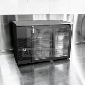 Glastender ND52-L6-GN(LR) 52" back bar refrigerator with two glass doors, black exterior, fully operational, NSF & UL listed.