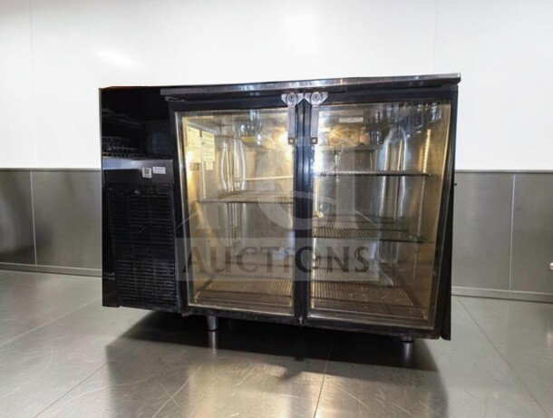 Glastender ND52-L6-GN(LR) 52" two-door glass back bar refrigerator, professionally maintained, NSF & UL listed, fully operational.