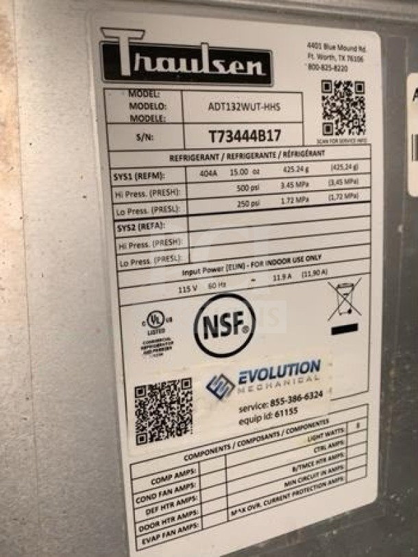Traulsen ADT132WUT-HHS label showing model, serial number T73444B17, refrigerant details, NSF & UL certification marks.