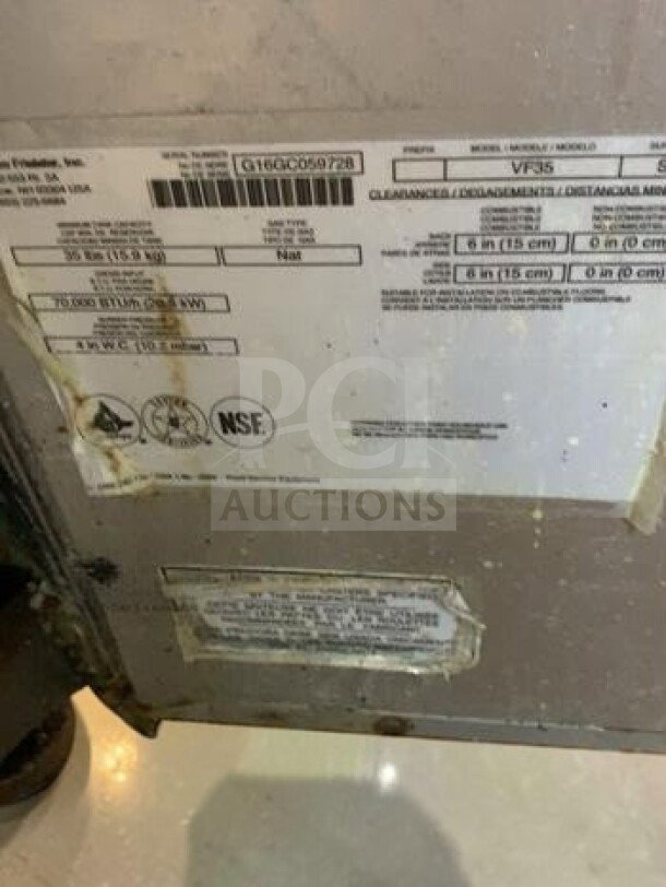 Pitco VF35 deep fryer label showing model, 35 lb capacity, 70,000 BTU; NSF listed; stainless steel; natural gas.