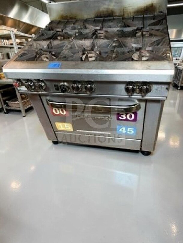 Southbend S36D 36" commercial 6-burner natural gas range, exceptional condition, 203,000 BTU, fully tested and operational.