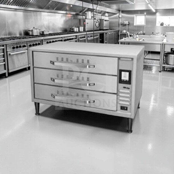 Hatco HDW-1.5R2 warming cabinet, stainless steel, three split drawers, 28" freestanding, excellent condition, NSF & UL listed.