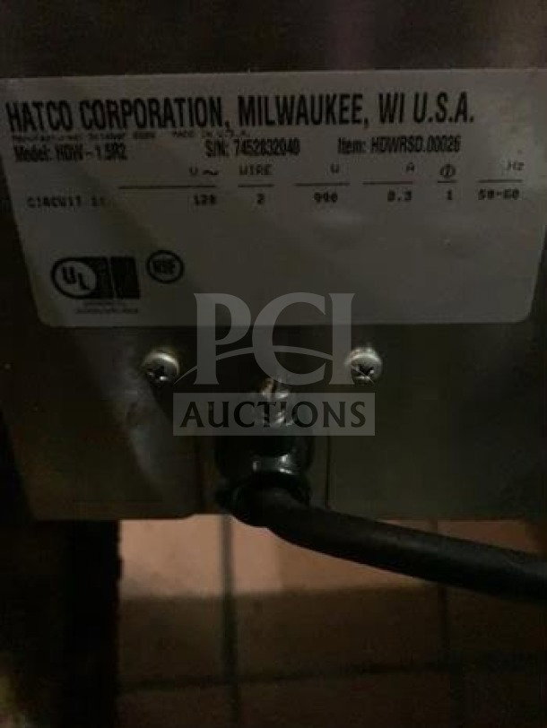 Hatco HDW-1.5R2 warming cabinet label showing model number, serial number, voltage, and UL/NSF certifications.